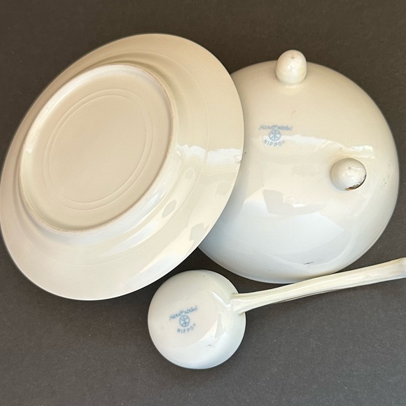 Antique NIPPON 3 Footed Condiment Bowl Plate & Ladle w Hand-painted Gold Flowers - Picture 5 of 12